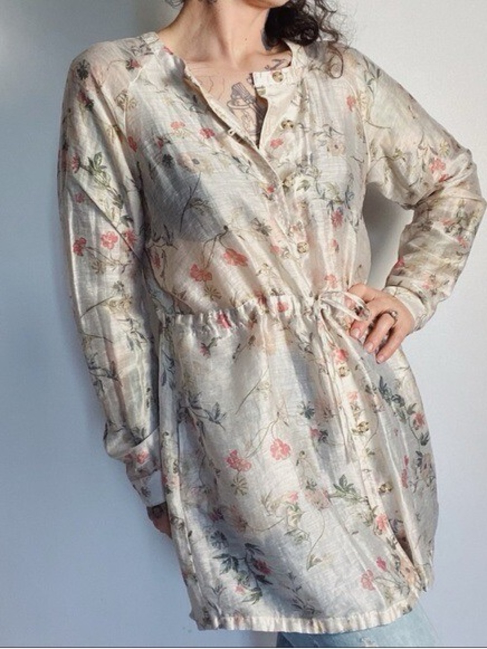 J. Jill Cream Mini Dress with Pink & Green Floral Print